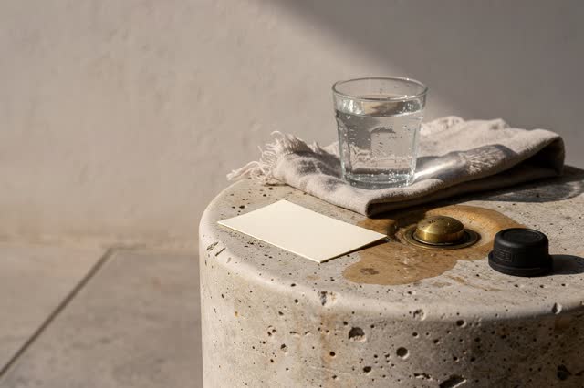 I dream of a courtyard drinking fountain base after use, dry at the edge and quiet in late light. A worn stone base hold