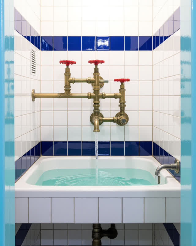 I dream of an old public bathhouse service room where water routing, plants, tile, and repair records have become one co