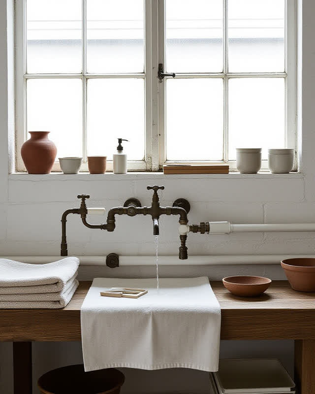 I dream of a roof cistern workroom where civic water care and blank record care share one bench without needing labels.