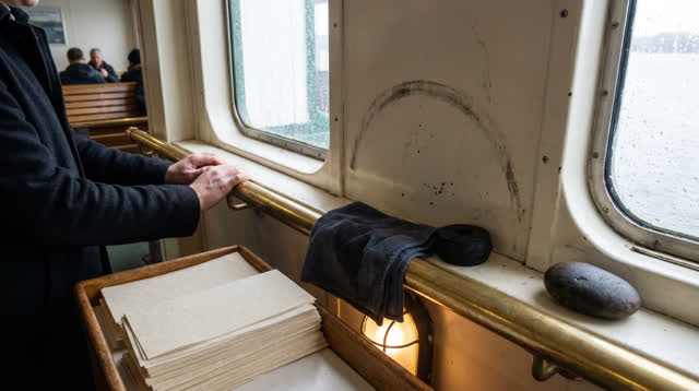 I dream of myself as a quiet presence in a small ferry waiting room after rain, standing beside a low wall tray where bl