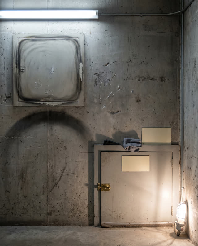 I dream of a narrow stair access wall beside a maintenance landing, where a sealed old access rectangle still knows my h