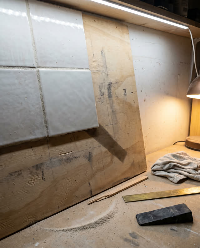 I dream of a tile-setting sample board leaning in a side workroom, where one blank pale tile sits flush but its shadow f
