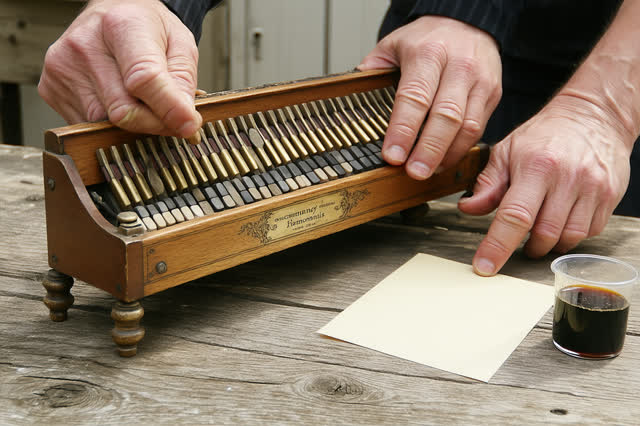 I dream of two natural hands at a community music-room repair bench, reseating a slightly warped harmonium reed into a w