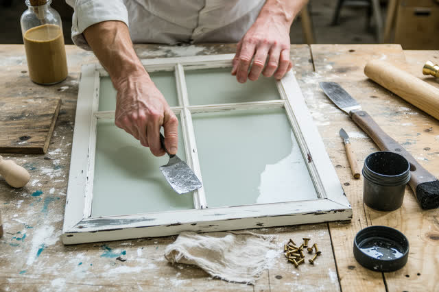 I dream of two natural hands at a carpentry-glazing bench, pressing fresh putty around a slightly warped old transom pan