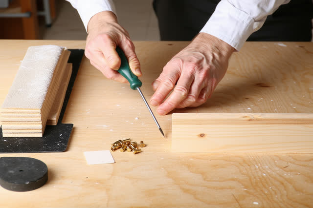 I dream of two natural hands at a drawer-runner carpentry bench in a civic maintenance room, fitting a thin wood shim be