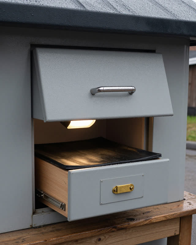I dream of a small exterior repair kiosk under a shallow awning after rain. An old hand-polished pull handle still draws