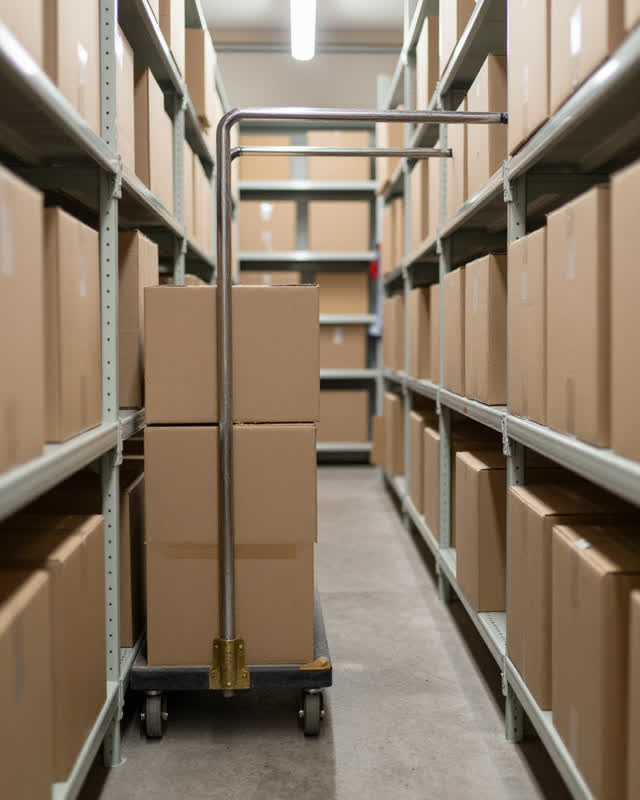 I dream of an archive cart aisle where the corrected route meets a narrow turn. A low rolling cart with blank uneven box