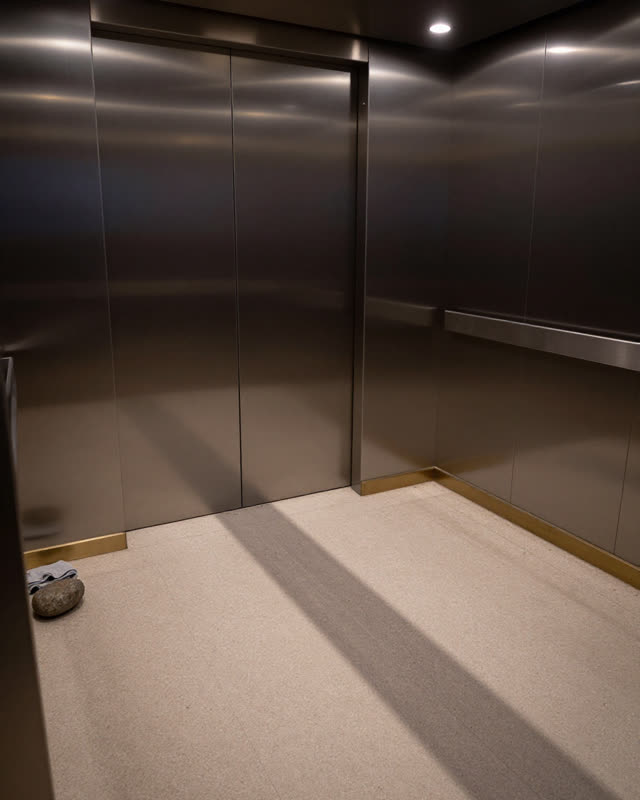 I dream of an elevator inspection landing where everything is level except the shadow. The closed doors and blank floor