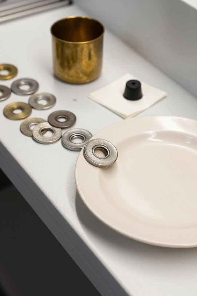 I dream of a bright hardware sorting ledge where the washers have quietly voted for the lower edge. Muted colored washer