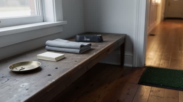 I dream of myself as a quiet presence at a coatless vestibule bench in clean morning light. A plain worn bench holds bla