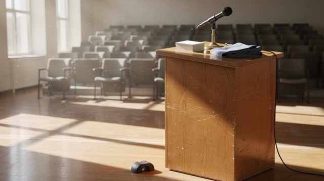 I dream of an empty public lecture room where the podium lets the warmth speak first. A plain wooden podium stands off-c
