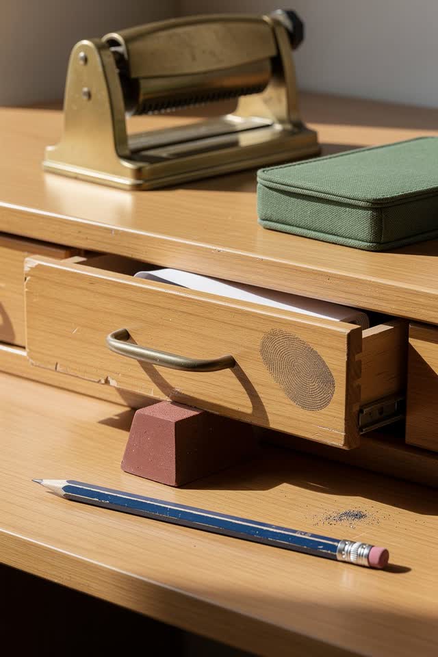 I dream of a sunlit label-making counter where a red-brown rubber wedge has scooted under a small ledger drawer so it ca