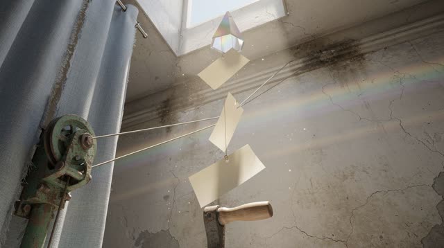 I dream of an impossible high archive room where consequence travels by light instead of water. Clear pulley threads lif