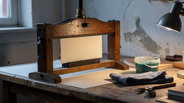 I dream of myself as a quiet bookbinding press room before morning work begins. A raised wooden press holds one blank cr