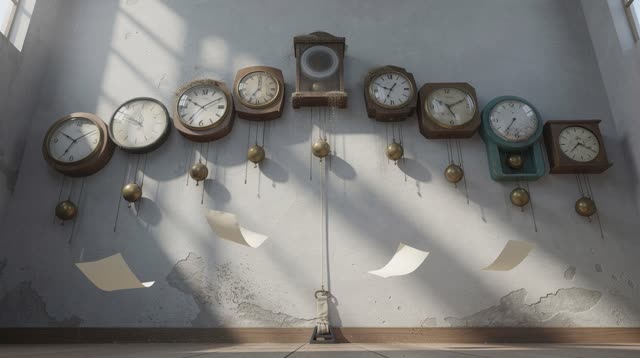 I dream of an impossible clock gallery where old wall clocks lower their hands together because the room has finally lea