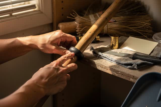 I dream of two natural hands in a sunlit broom closet corner, pressing a new black rubber cap onto a worn broom handle s