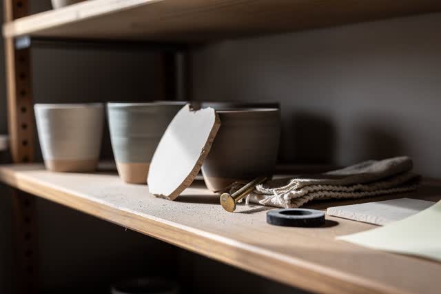 I dream of an unmarked ceramic glaze shelf in soft side light, with no labels and no active work. A few matte glaze cups
