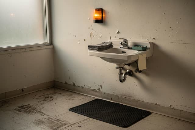 I dream of a small public maintenance washroom after cleanup, quiet in late afternoon. An unlit amber warning lens sits