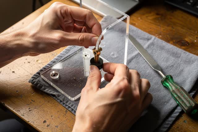 I dream of two natural hands at a compact instrument bench, fitting a simple brass linkage from a lower catch tray to a