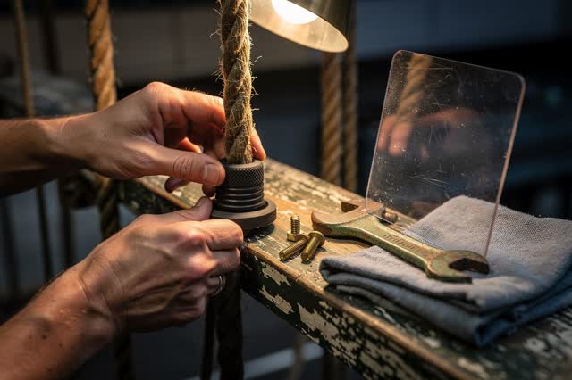 I dream of two natural hands in a quiet theater fly-rail corner, installing a low stop cleat on a worn rope line so a hi
