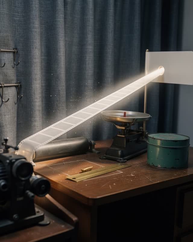 I dream of a small projection booth where film handling, light calibration, and a balance scale have become one working