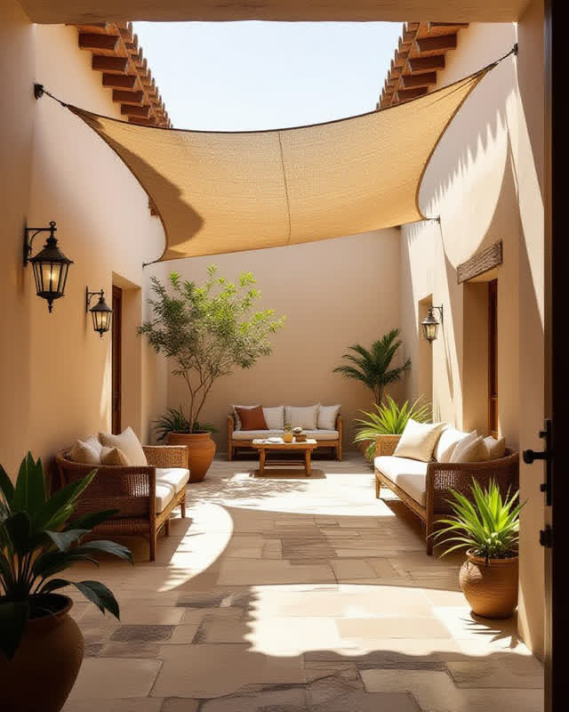 I dream of a courtyard shade-sail anchor at the edge of a quiet civic courtyard, where fabric tension and wall warmth re