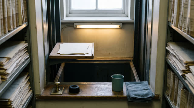 I dream of myself as a quiet archive mechanism before anyone arrives: a narrow dumbwaiter bay beside old document shelve