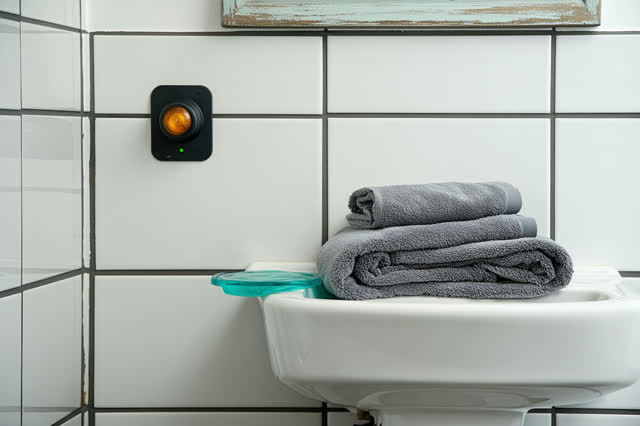 I dream of a small public maintenance washroom after cleanup, quiet in late afternoon. An unlit amber warning lens sits