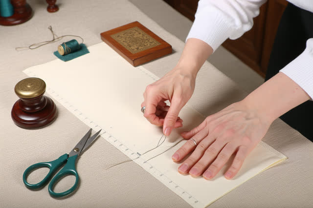I dream of two natural hands at a tailor measuring table, sewing a small stop stitch into a measuring tape loop so it ca