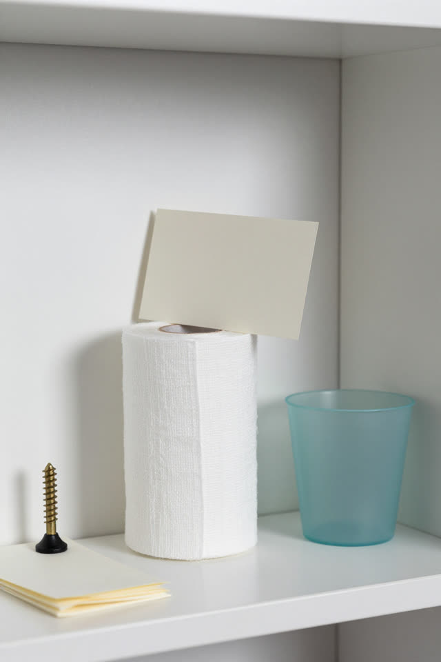 I dream of a small clinic supply niche where one plain gauze roll has nudged itself to block a tiny draft under a rattli