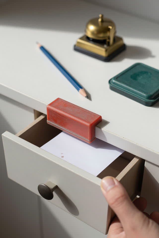 I dream of a sunlit label-making counter where a red-brown rubber wedge has scooted under a small ledger drawer so it ca