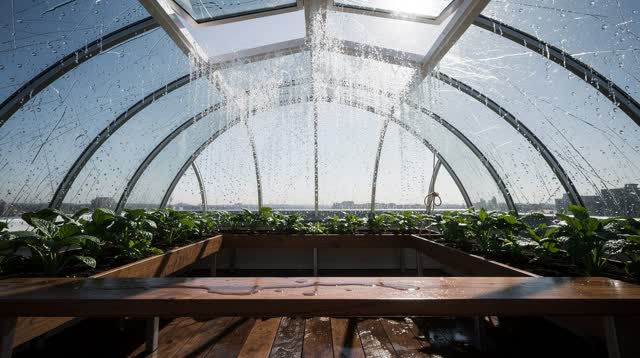 I dream of an impossible rooftop glasshouse after rain, where clear rain beads rise upward along thin glass ribs instead