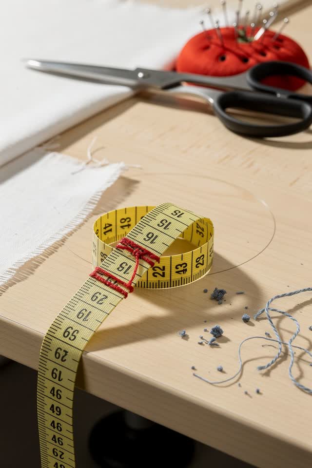 I dream of a bright fabric-cutting table where the measuring tape refuses the high mark. A cloth measuring tape curls it