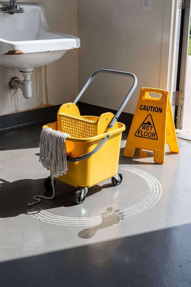I dream of a bright janitor sink corner where the mop wringer disagrees with the sign. A yellow mop wringer tilts away f