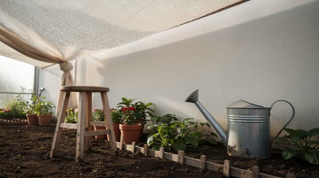 I dream of an outdoor nursery workline beside a greenhouse wall, where the dew chooses the working shadow. Dew beads on