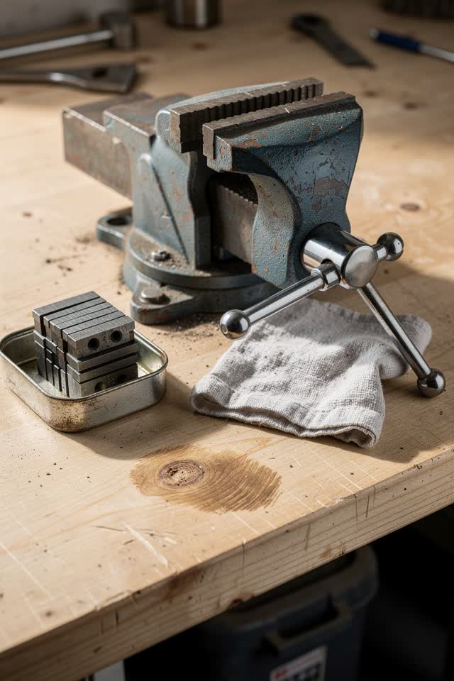 I dream of a clean workshop vise cleanup bench where the vise refuses the shiny handle. The polished handle catches ligh