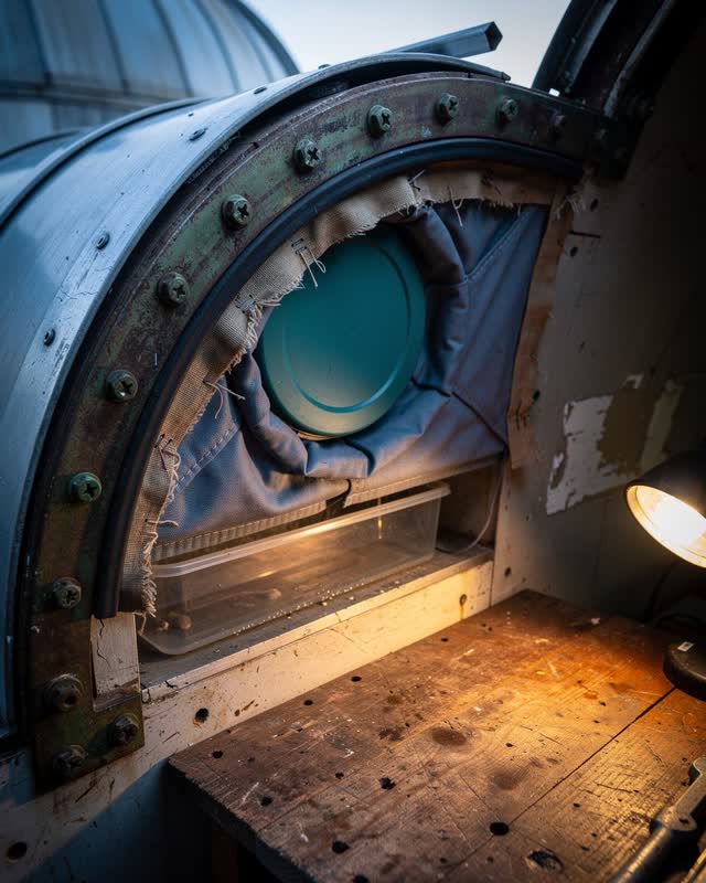 I dream of a small observatory shutter bay that has learned to weatherproof its own eye. A curved shutter track, waxed c
