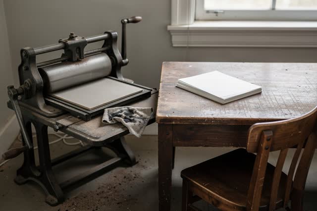 I dream of a small letterpress corner after cleanup, quiet because the rollers are finally clean. A hand press rests ope