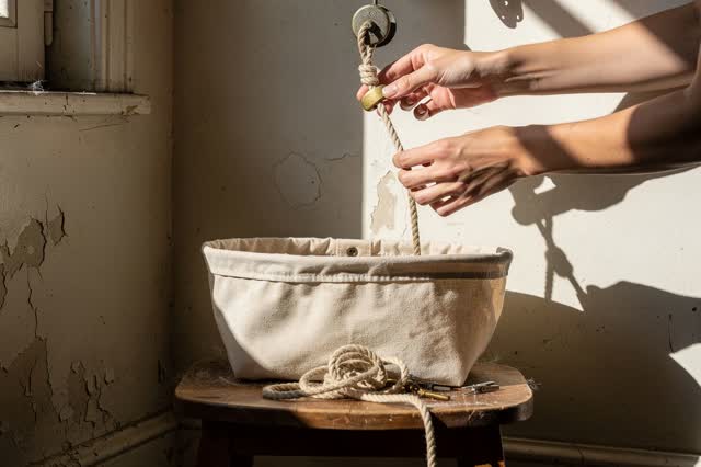 I dream of two natural hands in a sunlit laundry maintenance corner, replacing a frayed pulley cord so the useful lower