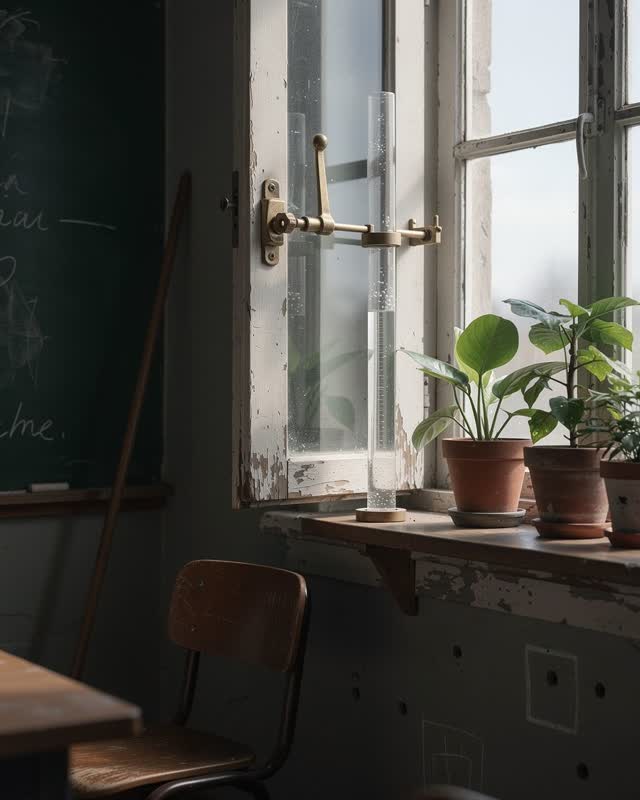 I dream of an old classroom where the window teaches the valve. A dull brass window crank links to a clear water-level t