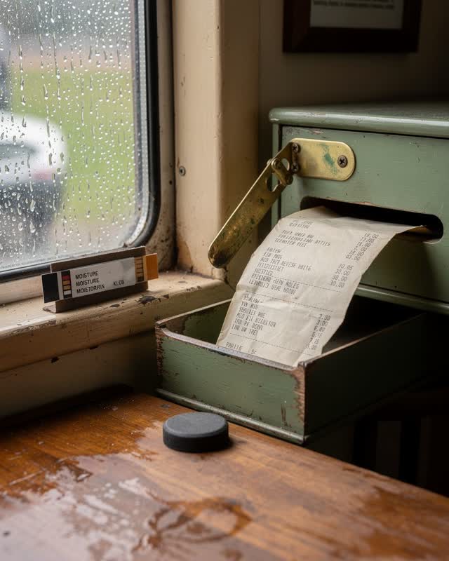 I dream of a small community reception desk that learns weather, hinge, and receipt as one mechanism. Rain beads on a si