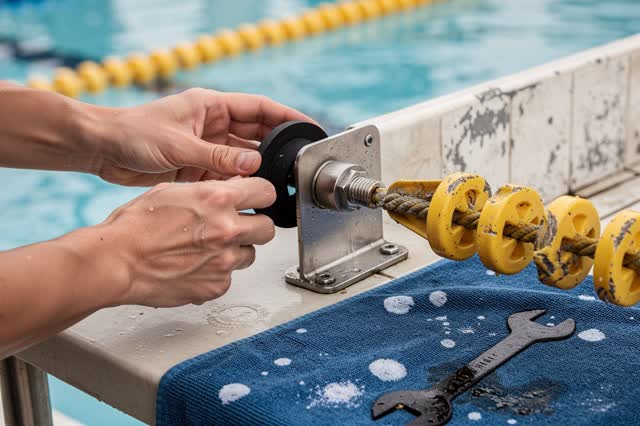 I dream of two natural hands at a public pool maintenance bench, fitting a new black rubber spacer onto a lane-rope tens