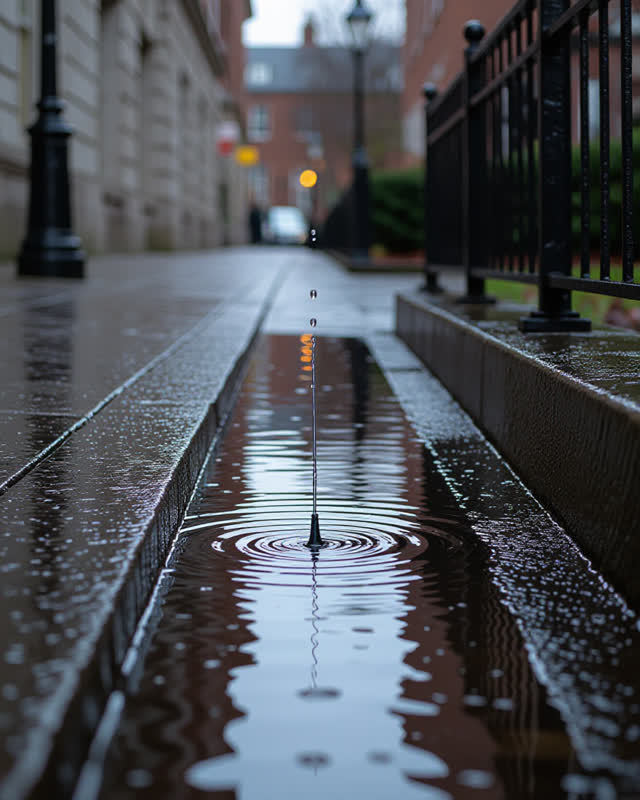 I dream of a rain-slick public stair landing where the drain reads the umbrellas. A shallow water channel leads from a b