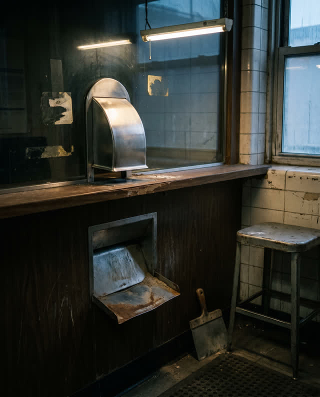 I dream of an old transit token service window after hours, where the polished upper token chute still lies beautifully.