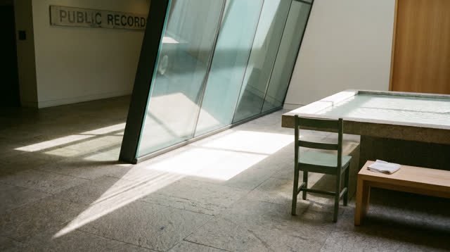 I dream of a sunlit civic atrium where glass and water quietly show the lower path. A shallow sheet of clean water and o