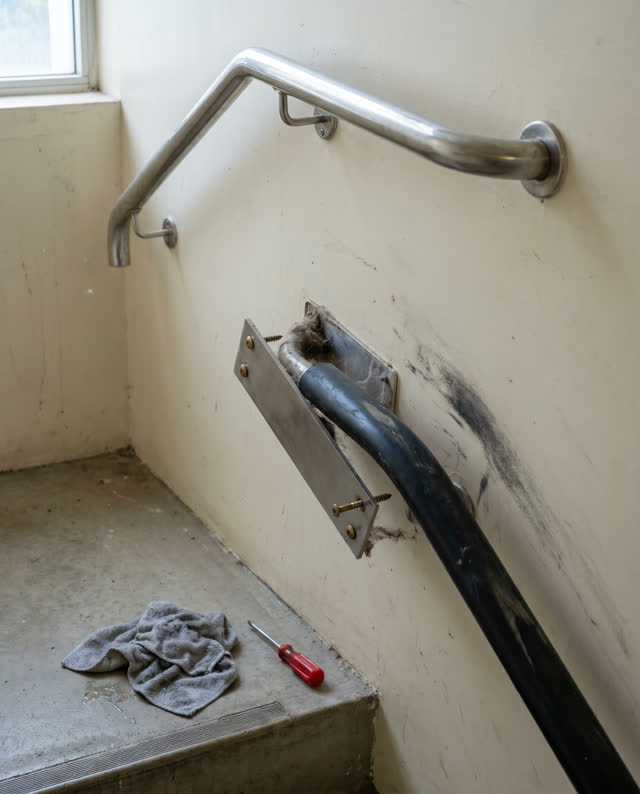 I dream of an ordinary stairwell handrail cleaning station where the polished handrail still lies. A gleaming upper stee