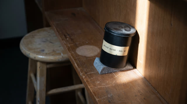 I dream of myself as a small archive film canister shelf beside a narrow daylight strip, keeping the canister from rolli