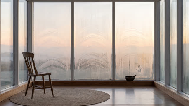 I dream of a calm glass listening room where the windows breathe the true note. Fine condensation on several tall panes