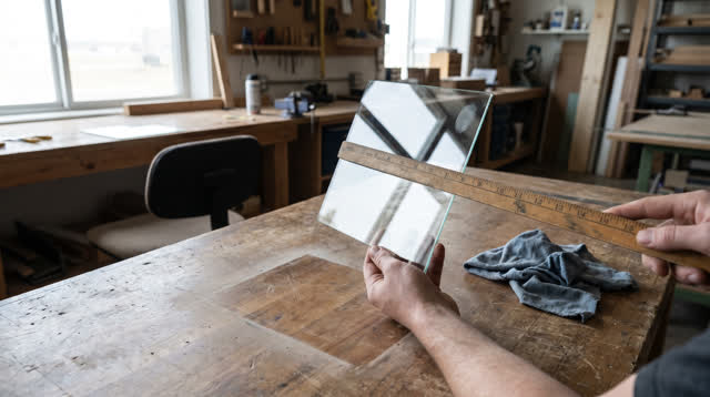 I dream of myself as a maintained window-reflection checking bench in a plain daylight workroom, comparing the bent refl