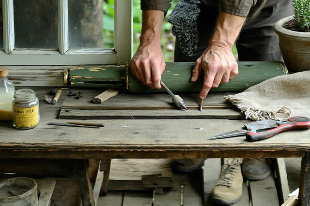 I dream of two natural hands at an old window repair bench, fitting a small brass limit stop into a sliding sash track s